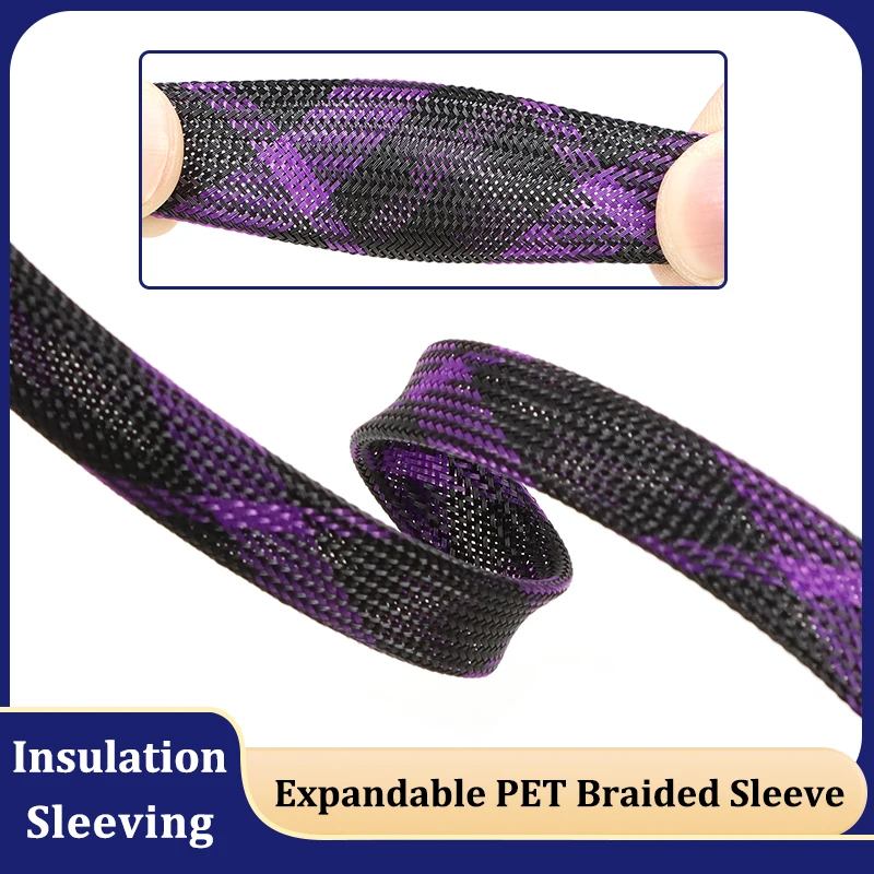 

PET Braided Wire Sleeve Purple Black 2 4 6 8 10 12 16 18 20 25 30 40mm Tight High Density Insulated Cable Protection Expandable
