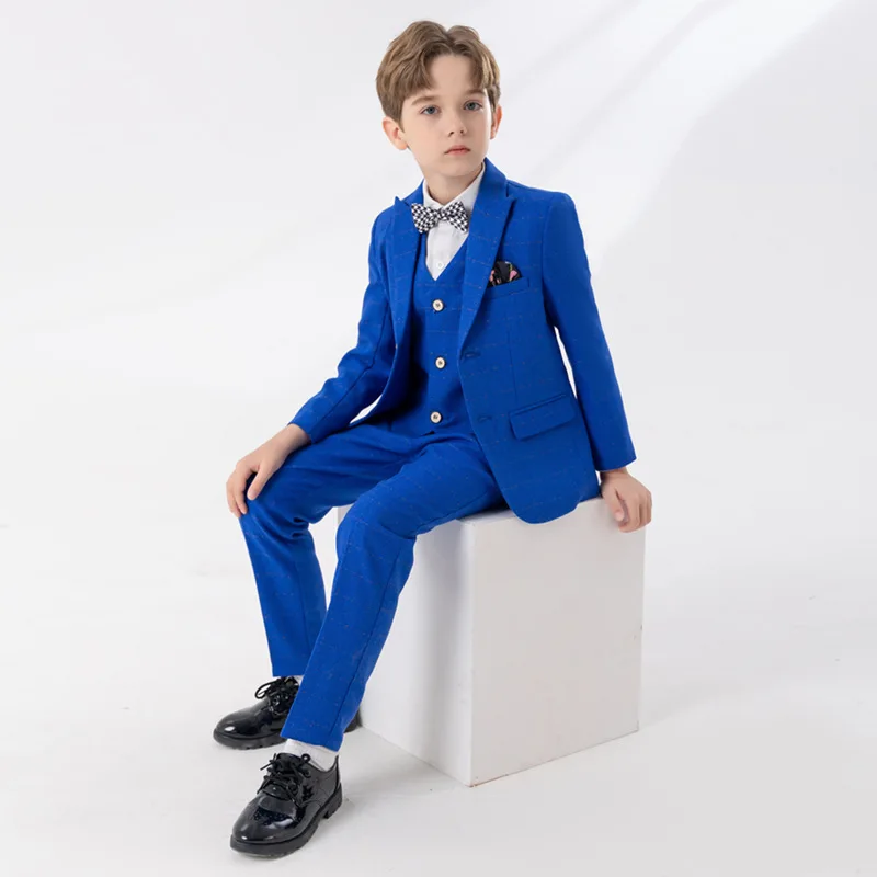 Flower Boys Royal Blue Jacket Vest Pants Bowtie 4PS Piano Party Dress Kids Ceremony Photograph Suit Children Performance Costume