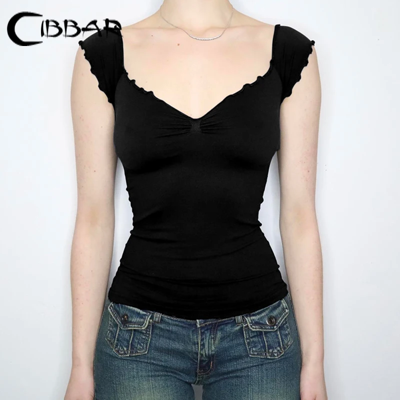 CIBBAR Solid Black Folds V Neck Cropped Top Women Casual Backless Skinny Knitted T Shirts Streetwear Y2k Summer Tees Vintage Top