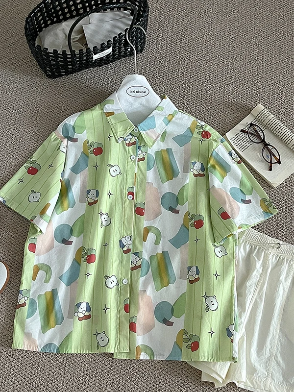 

Wedbleser Striped Cartoon Dog Lapel Short Sleeved Vacation Style Shirt Summer 2025 New Korean Version Age Reducing Top Trend
