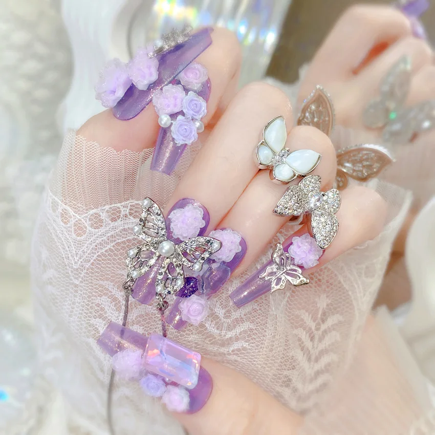 24pcs Heavy Metal False Nails Shiny Crystal Butterfly Purple Flowers Design Fake Nail Patch Long Ballet Coffin Press on Nails