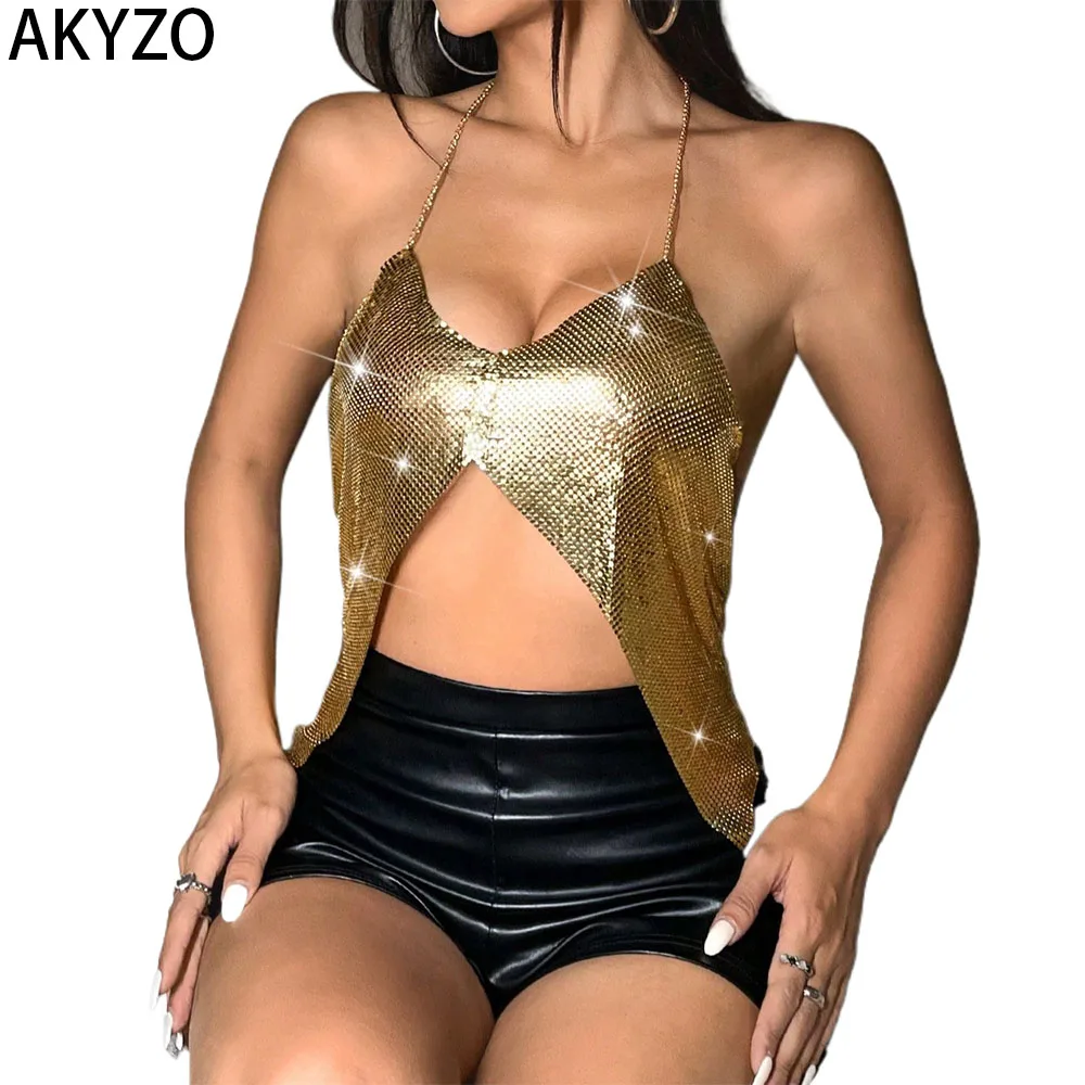 

AKYZO Vibrant Metallic Halter Neck Top Bow-Adorned Backless Knot Front Design Solid Color Hand Wash Only for Party & Club All-S