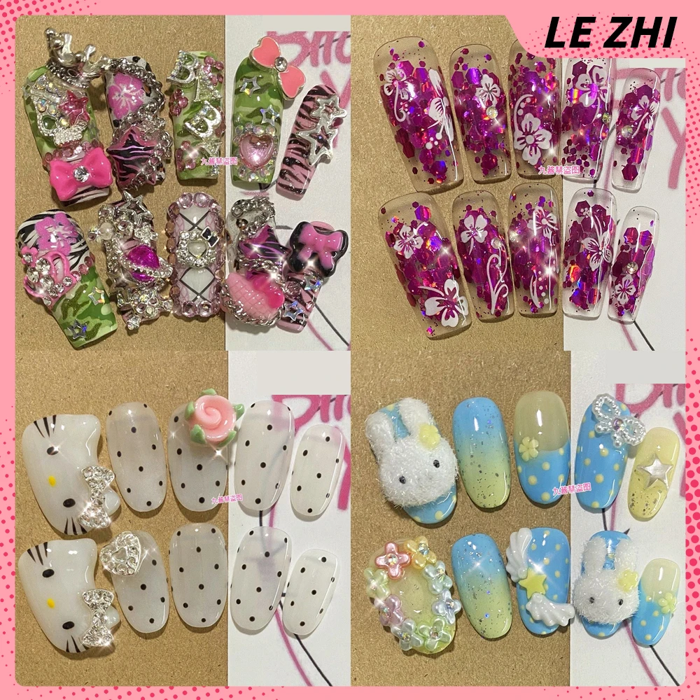 

Summer 2025 Wave Point Hello Kitty Rose Press On Nails Art Y2K Glitter Powder Customizable High Quality Handmade False Nail Gift