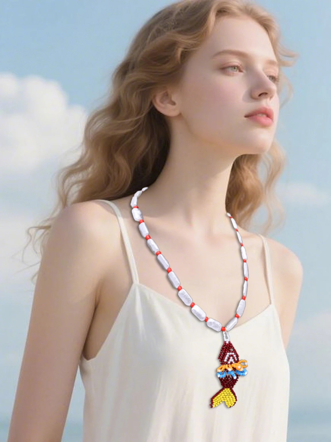 

Colorful handmade rice beads small fish pendant red and white imitation pearl necklace personalized fashion sweater chain