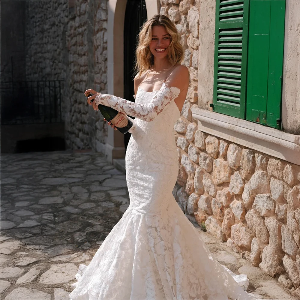 ชุดแต่งงานทรงเอไลน์แบบเปิดไหล่ประดับลูกไม้และผ้าทูลล์ ตกแต่งด้วยลายดอกไม้ 3 มิติ ชุดเจ้าสาวสุดโรแมนติกสำหรับเจ้าสาว