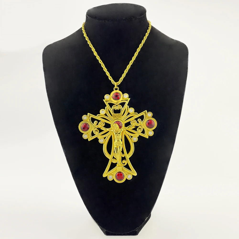 Orthodox Pectoral Cross Necklace Gold Plated Hollow Filigree Crucifix Jesus Rhinestone Pendant Priest Religious Church Prayer Lu