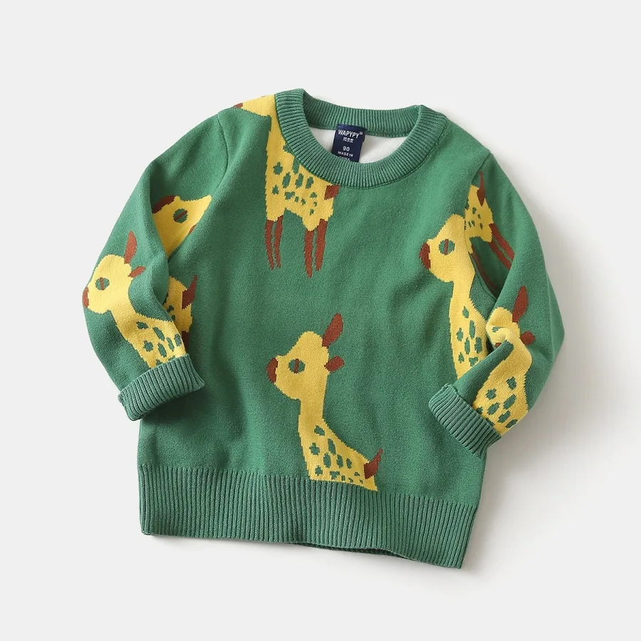Toddler Baby Knitted Pullover Sweater Boys Cute Cartoon Giraffe Jacquard Crew Neck Tops Autumn Winter Casual Jumper Sweater