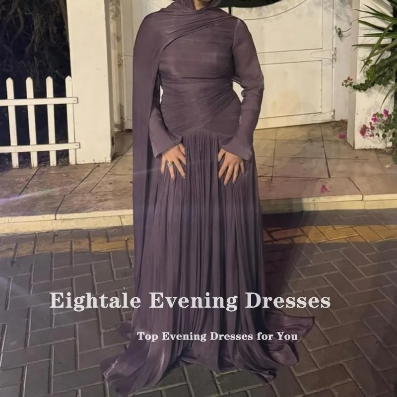 ชุดราตรีอาหรับแบบเอแปตเทล คอทรงโอ จับจีบ ผ้าเครป สีม่วงแบบมุสลิม แขนยาว ทรงเอไลน์ สำหรับงานพรอม งานแต่งงาน และงานเลี้ยงต่างๆ