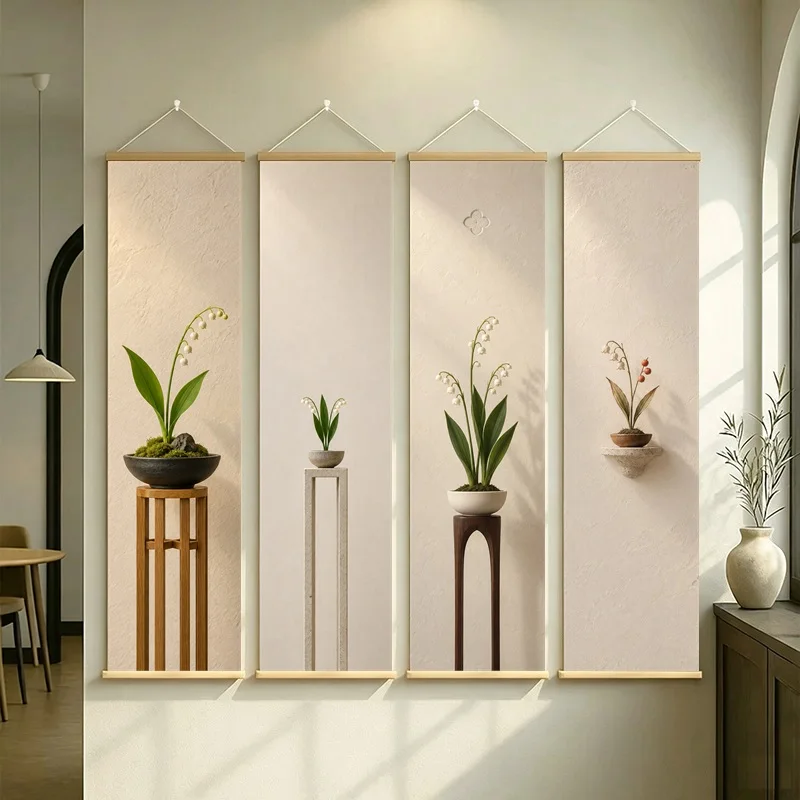 Lily Wall Art 4-Panel White Flower Pot Hanging Scroll Set on Beige Silver Shimmer Canvas for Peaceful Living Room Decor