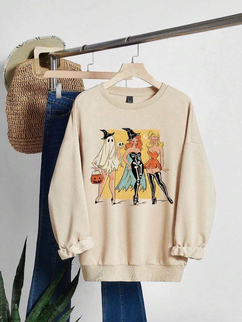 Vintage boots Prints Graphic Sweatshirts Casual Women\'s Pullover Fashion Oversize Long Sleeves Hoodie Warm Fleece Female Clothes