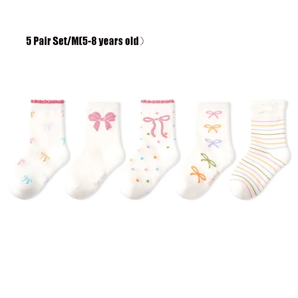 5 Pair Set New Ruffle Bowknot Baby Socks Print Pattern Soft Elastic Mid Tube Socks Cotton Breathable Girls Ankle Socks School