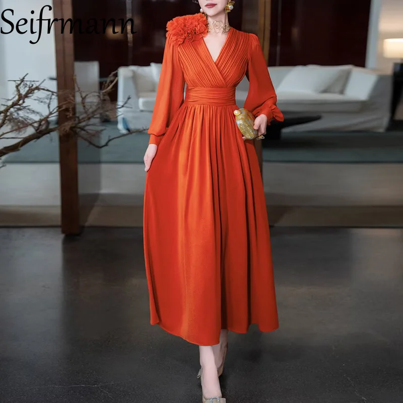 Seifrmann Solid Long Sleeve V-Neck Long Dress For Women Appliques High waist High-End Temperament Party Prom Dresses