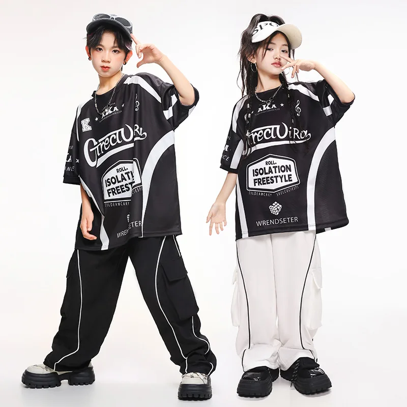 

Kid Hip Hop Clothing Black Letters Print T Shirt White Casual Pockets Sweat Pants for Girl Boy Jazz Dance Wear Costumes Clothes
