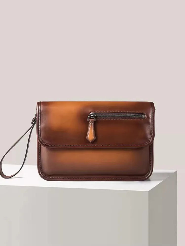 Bolsa de embreagem de couro genuíno masculina, alta qualidade, grande capacidade, retro flip, qualidade superior, premium, marca de luxo, nova