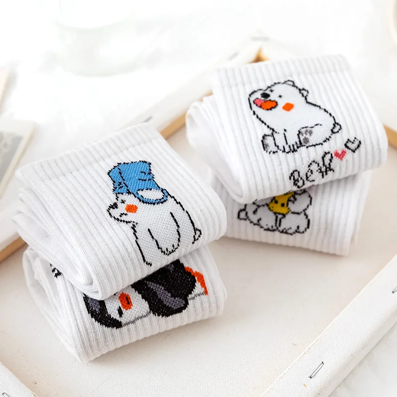 White Women\'s Cartoon Bear Penguin Cute Socks Spring And Summer Fashion Casual Breathable Cotton Socks Harajuku Kawaii