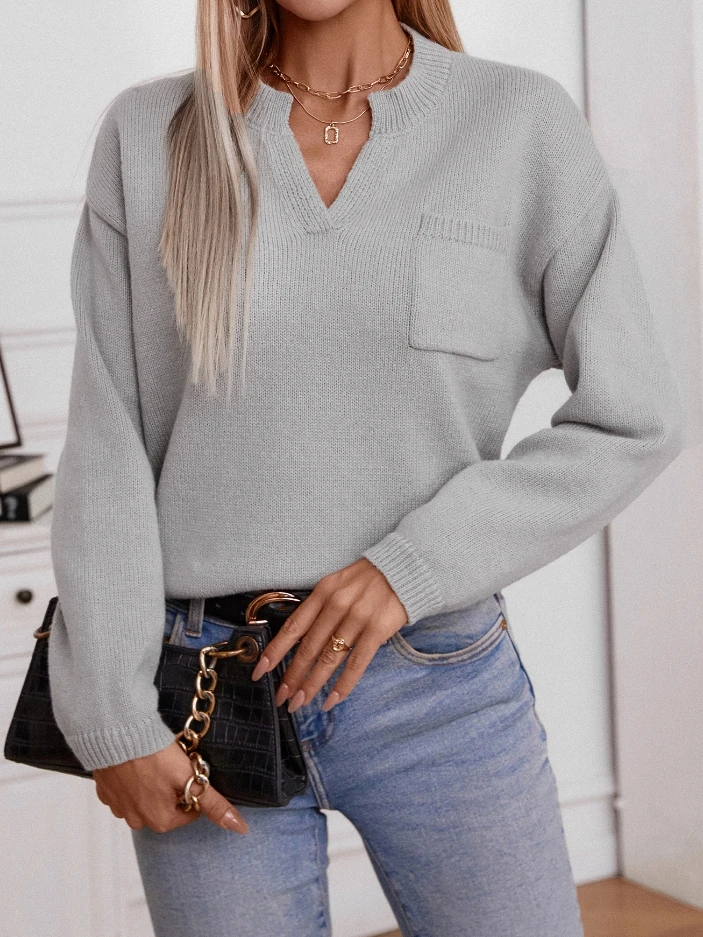 

Solid Color Pocket Casual Loose Open Collar Knitted Sweater Round Neck Long Sleeve Clothing Top