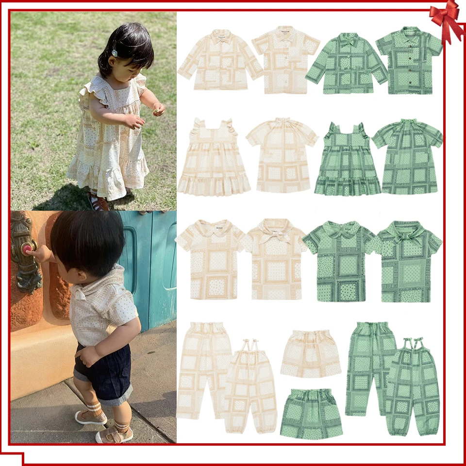 

Summer MP Children Clothes Set Toddler Girl Fashion Plaid Dress Skirt Boy Cotton Short Sleeve T Shirt Overall Kid Tops Pants Set