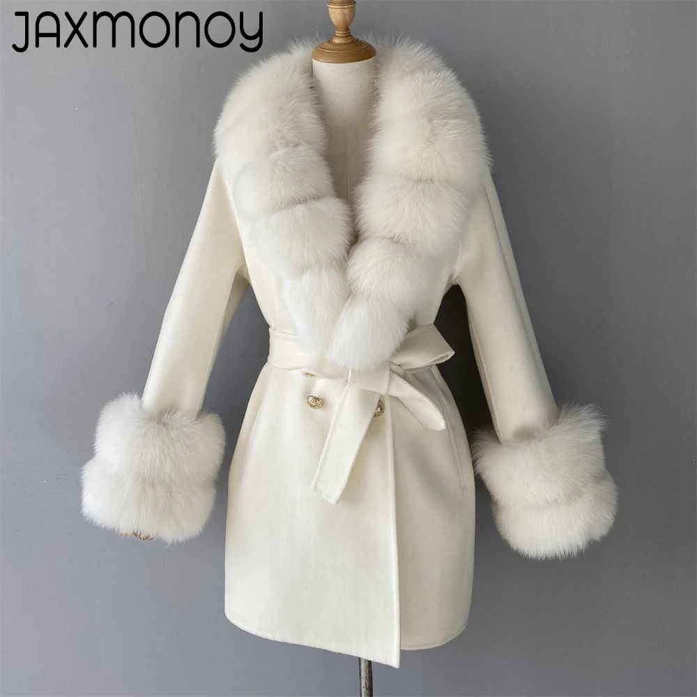 Imagem -06 - Jaxmonoy-cabolsa de Caxemira Feminino com Pele de Raposa Real Cabolsa de lã de Comprimento Médio Jaqueta Trespassado Moda Outono e Inverno Nova Chegada