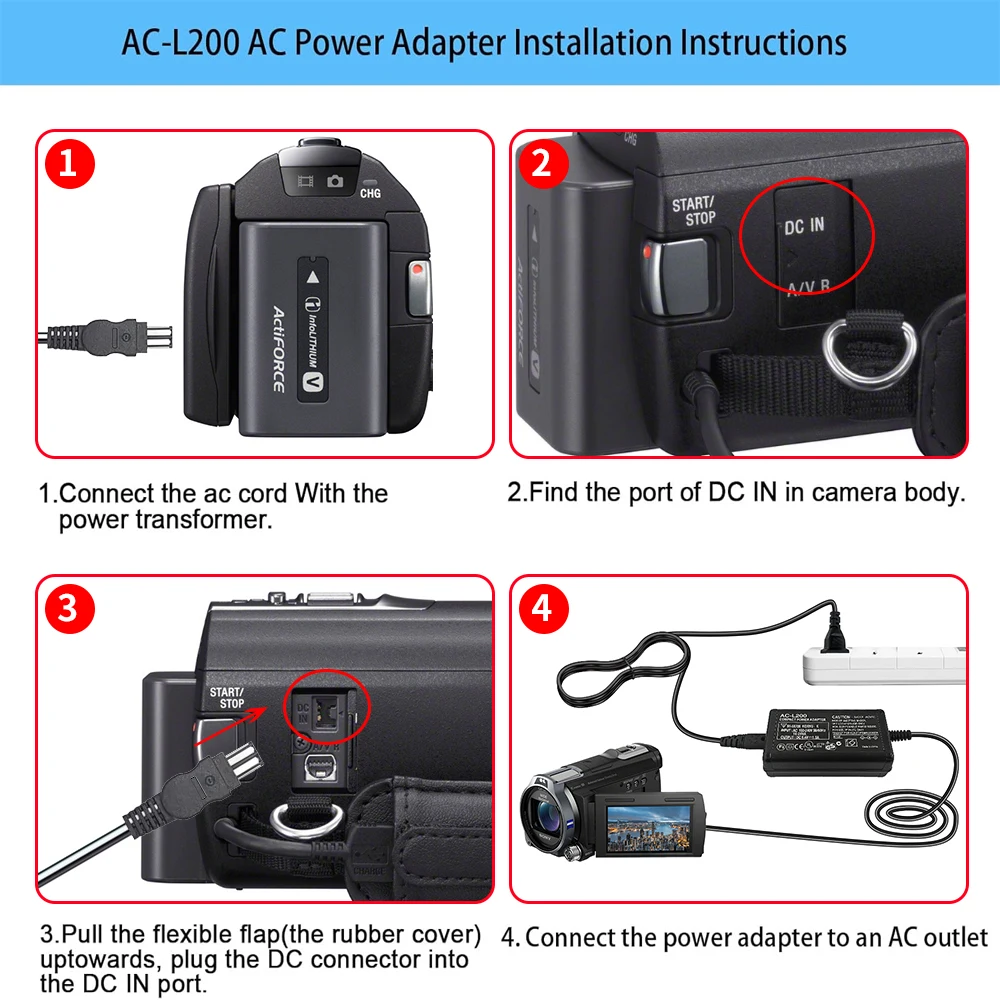AC-L200C/B/D L25B 100V-240V AC Power Adapter Camcorder charger DC8