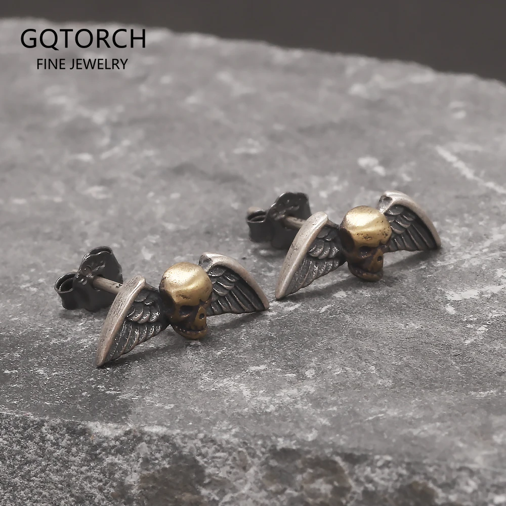 

Серьги-гвоздики из стерлингового серебра 925 пробы с крыльями ангела и черепом, готические, панк-рок, ретро, крошечные серьги, модные мужские украшения