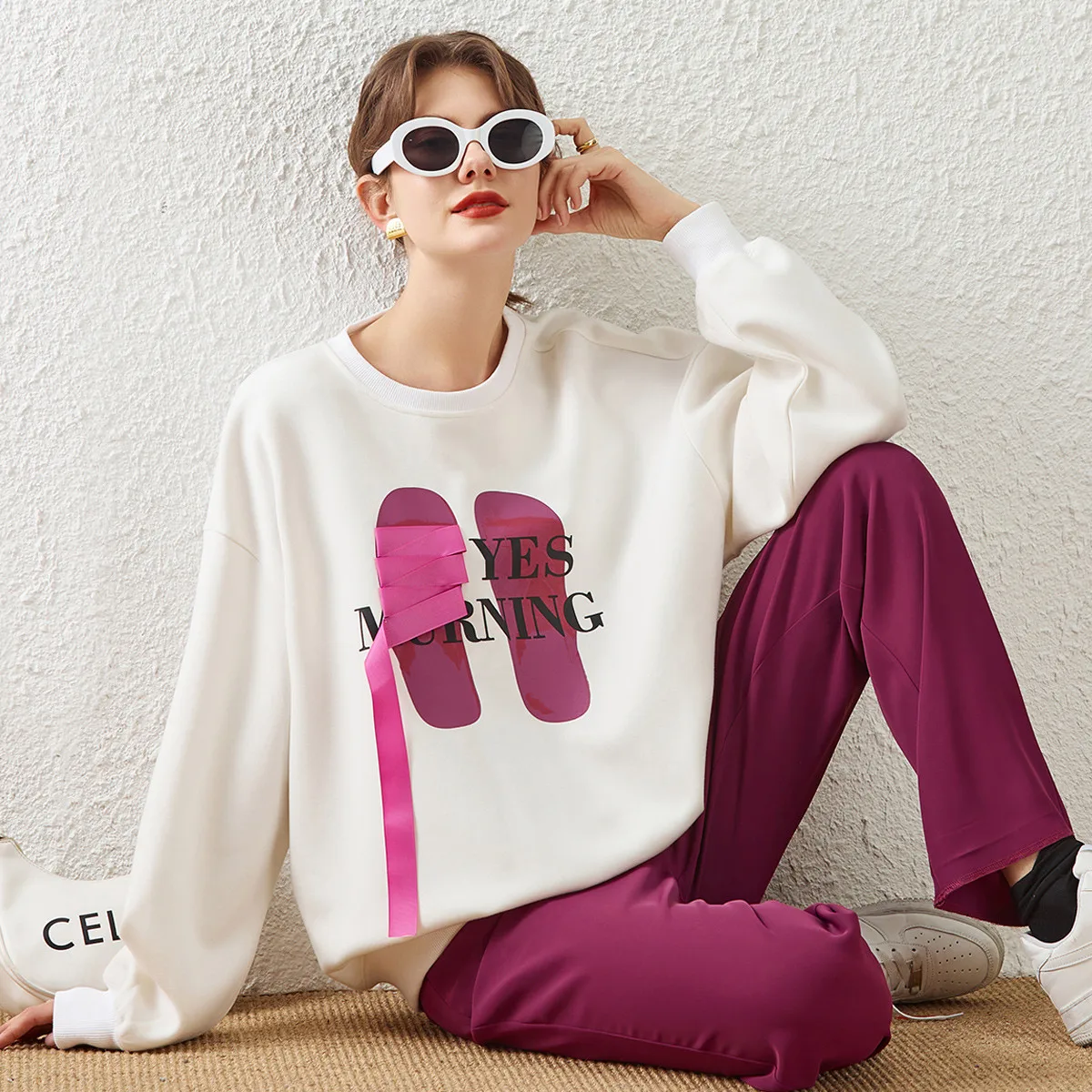 LOUIS YAO Women Sweatshirt 2024 Spring Sweatshirt Pullover Loose Round Neck Long Sleeve Print Letter Webbing Casual Women\'s Top