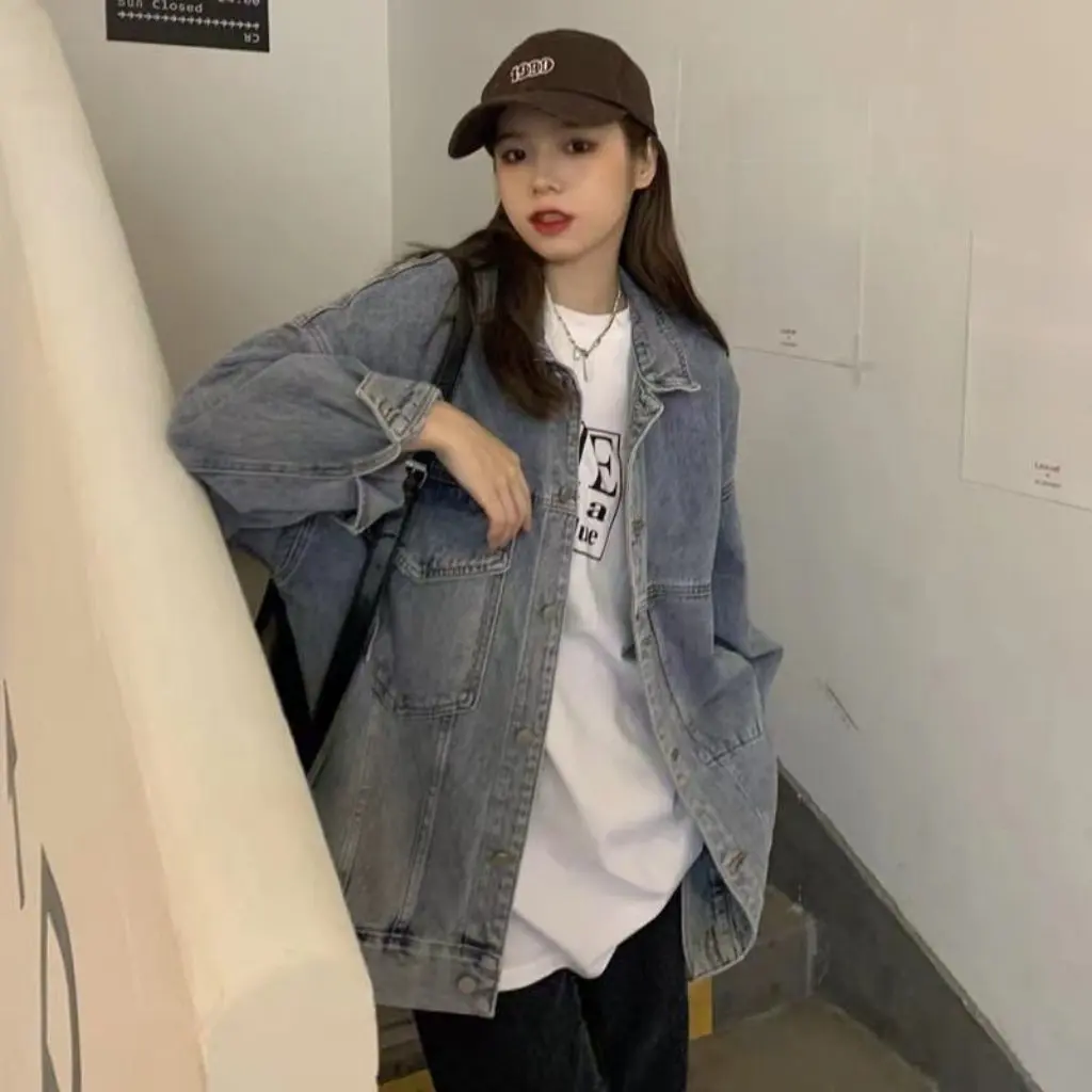 Top in denim sciolto stile coreano per donna Primavera Autunno Capispalla alla moda in stile Hong Kong facile da abbinare