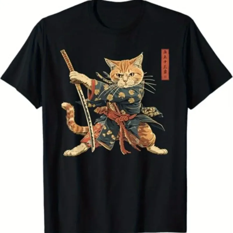 Japanese Style Samurai Cat Printed Summer Short Sleeved T-sh
