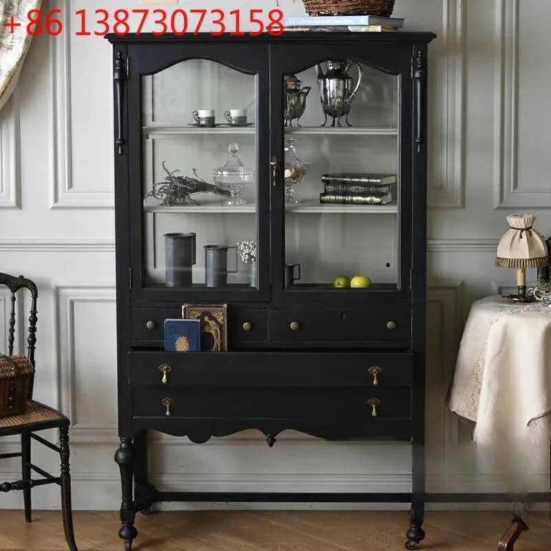 French retro solid wood American country living room wall glass display cabinet