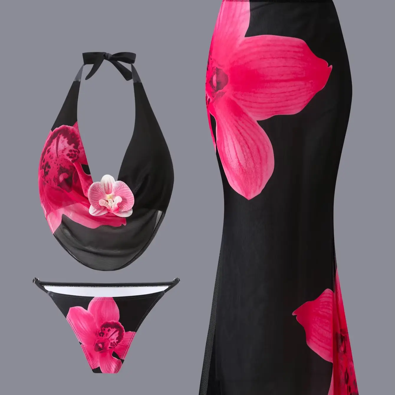 3Pcs Swimwear with Skirt Sexy Print Female Biquini Halter Neck Tie Bikini Push Up Swim Wear 2026 New Stylish Beach Triangle Swim