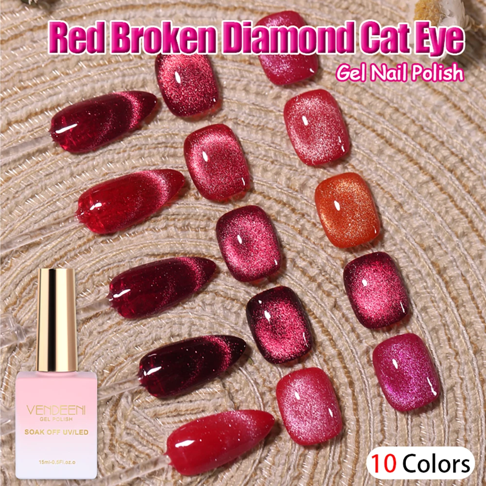 

Vendeeni 10 Colors Red Glitter Broken Diamond Cat Eye Gel Nail Polish Reflective Effect Magnetic Flash UV Soak Off Gel Varnish