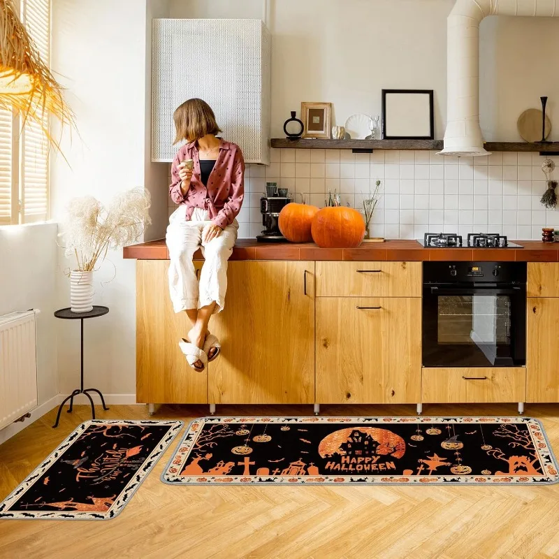 1-2PCS Halloween Rug Skeleton Pattern Non Slip Floor Carpet for Bathroom Kitchen Living Room Ghostly Home Decor