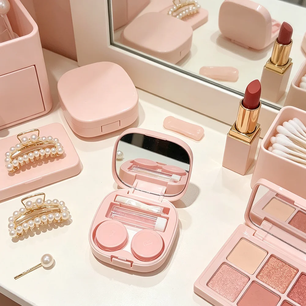 Macaron Contact Lens Case with Mirror Mini Square Solid Color Eyes Lenses Storage Box for Women Girls Travel Soaking Container