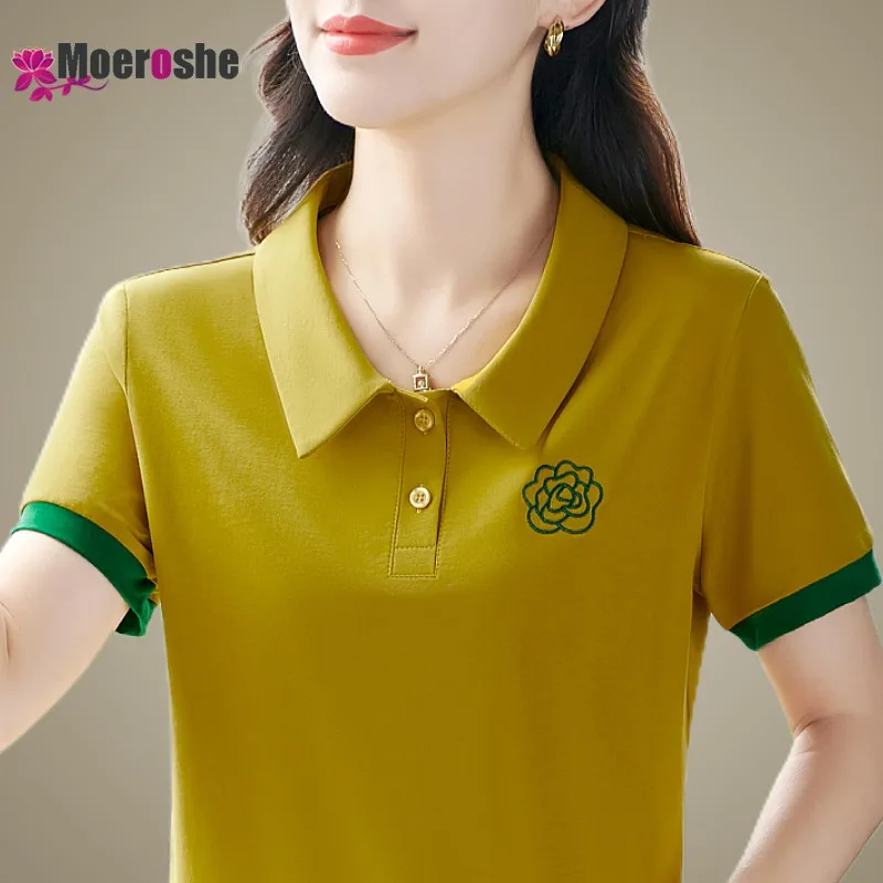 Women's Short-sleeved Cotton POLO Pullover T-shirt Golf Shirts Trend 2024 T-shirts Sleeve Youthful Woman Clothes Pulovers Luxury