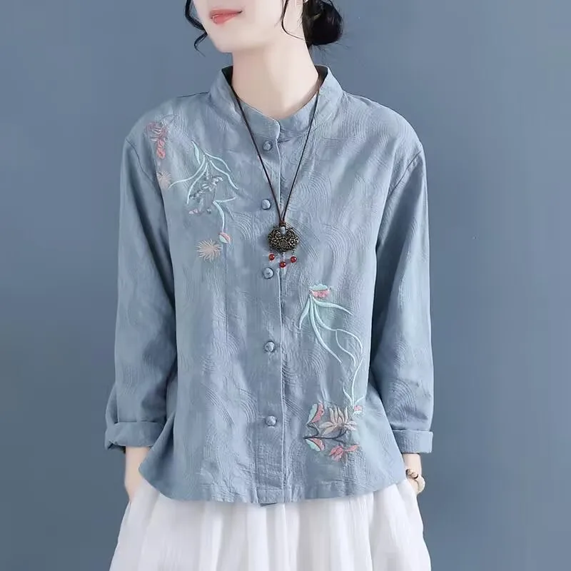 Kemeja Lengan Panjang Bordir Gaya Cina Wanita Katun Linen Kerah Tegak Pakaian Teh Vintage Kasual Atasan Wanita Hanfu