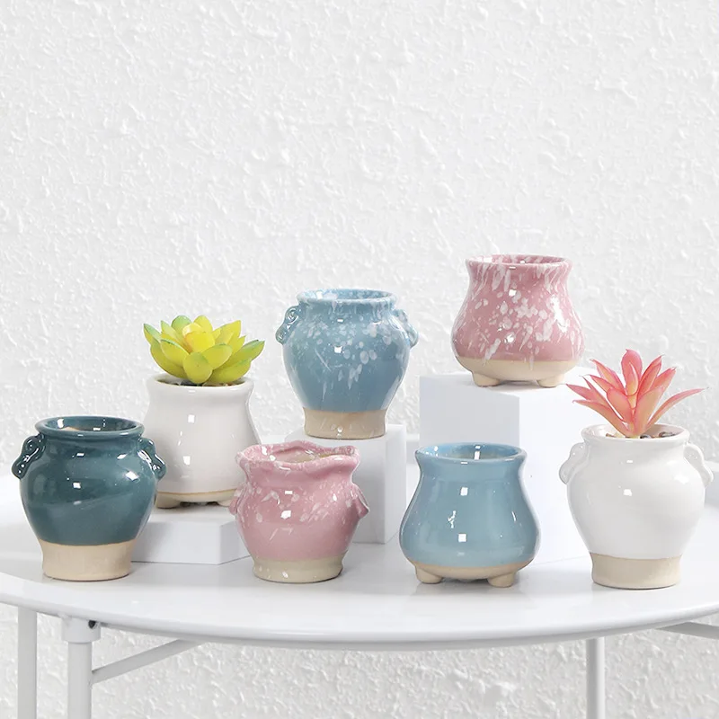 1pc Mini Ice-Crack Ceramic Flowerpots for Succulent Home Garden Desktop Decoration Mini Succulent Pots Stand Colorful Flower Pot