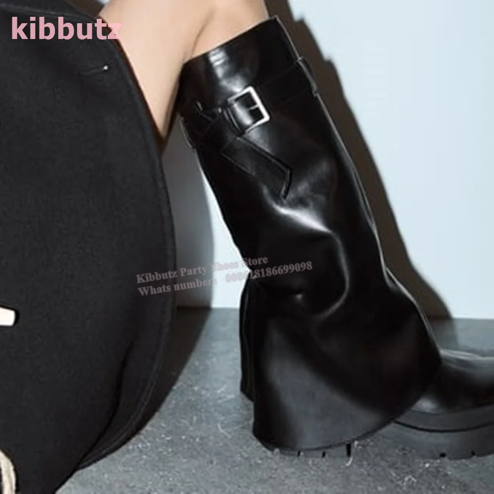 Knee High Knight Boots Turned-Over Edge Genuine Leather Solid Black Round Toe Square Heel Belt Buckle Fashion Elegant Women Shoe