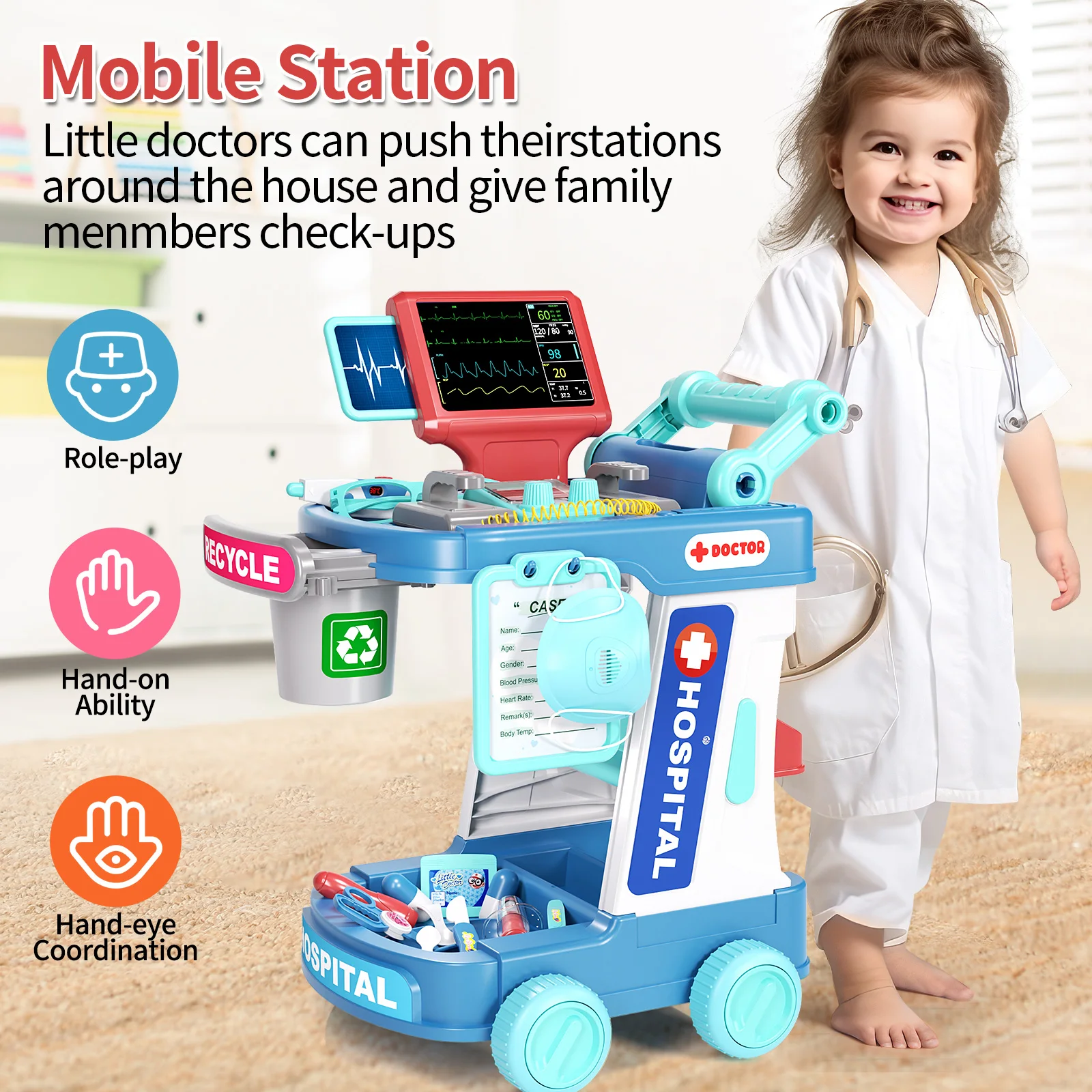 Children's Doctor Toy Simulation Tool Set for Girls with Luggage Rolling Case to Play as Nurse and Give Injections with Stethosc