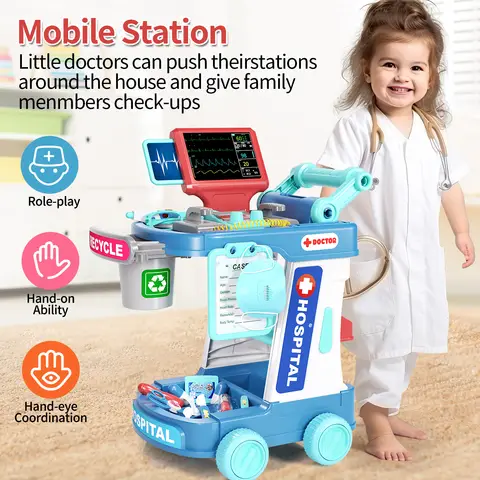 Children's Doctor Toy Simulation Tool Set for Girls with Luggage Rolling Case to Play as Nurse and Give Injections with Stethosc