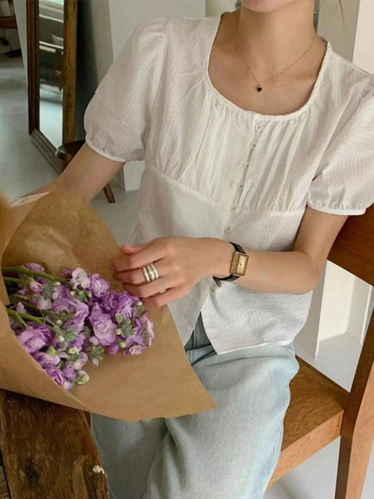สีขาว Anti-Aging จีบสแควร์ตุ๊กตา irt ผู้หญิงฤดูร้อนใหม่หวานหลวมอเนกประสงค์กระชับสัดส่วน ort Sve เสื้อ