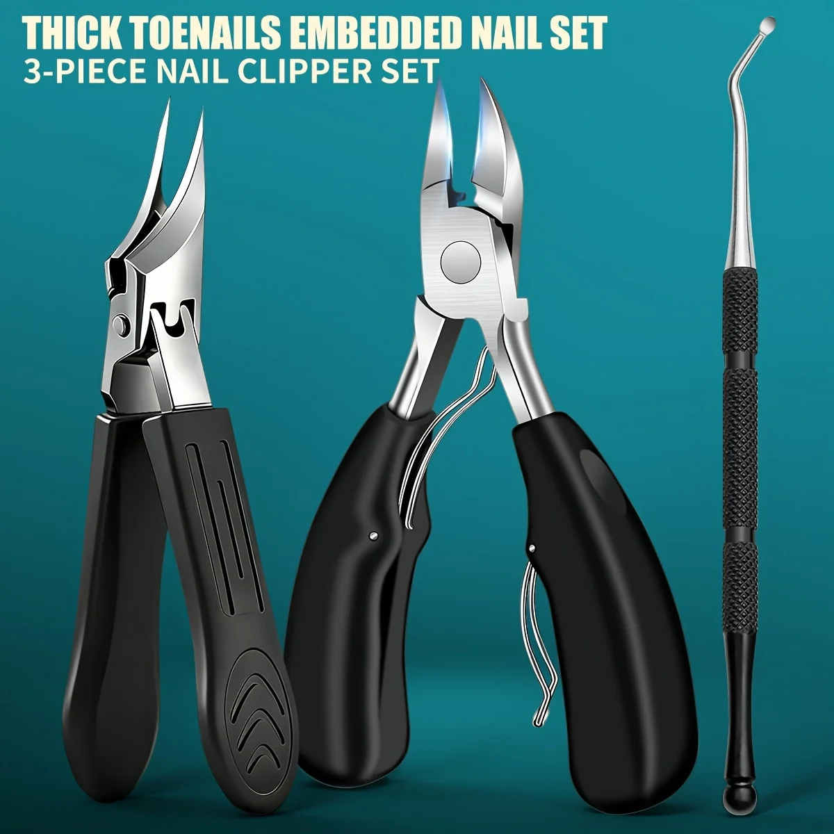 3-teiliges Zehennagel-Pediküre-Set, Edelstahl-Nagelzange und Diagonal-Nagelknipser, für dicke, deformierte Zehennägel, tragbare, langlebige Werkzeuge