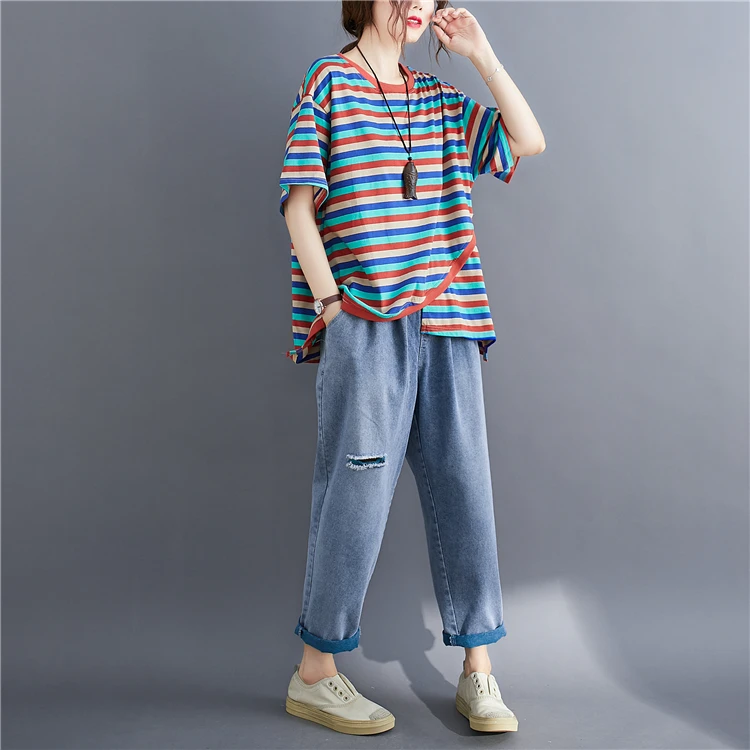 プラスサイズの女性の T-irt 韓国 Sle 夏カジュアルルーズスリムストライプラウンドネオート Sve トップお腹カバーコットン