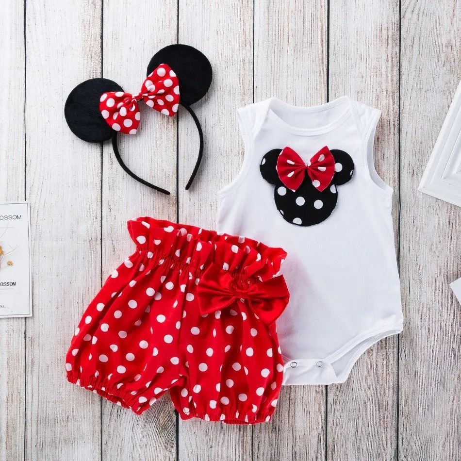 Newborn 0-2 Years Baby Girls Mickey Minnie Birthday Party Clothes Set Children Summer Romper Shorts Ear Headband 3 Pcs Outfits