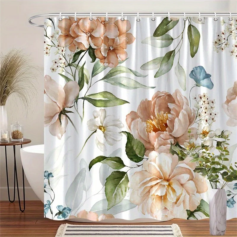

1pc Peony and green leaves pattern shower curtain, machine washable polyester with hooks, suitable for bathroom decoration