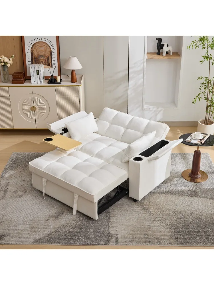 2 Seater Click Clack Sofa Bed, Pull Out Sofa Bed, Futon Sofa Recliner, with Cup Holders and Hidden table, USB & Type-C, Beige