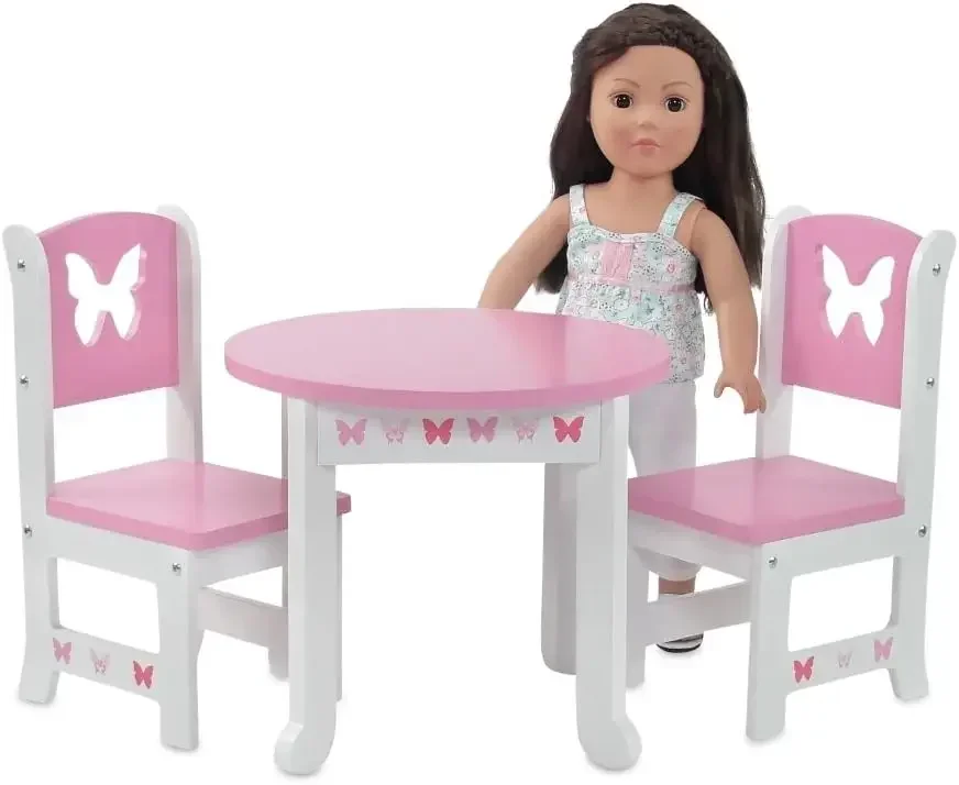 Conjunto de jantar borboleta rosa para bonecas de 18 polegadas - mesa de madeira e 2 cadeiras, compatível com marcas populares