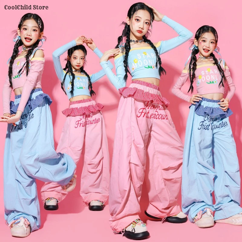 Girls Hip Hop Sweet Colorful Off Shoulder Crop Top Dance Skirts Joggers Pants Child Streetwear Kids K-pop Girl Group Clothes Set