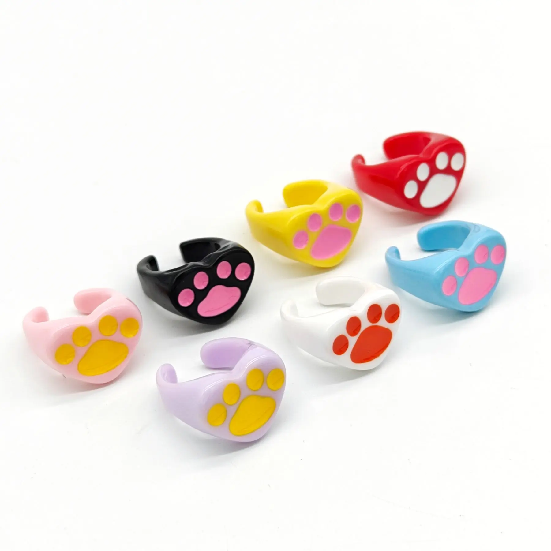 7pcs/lot Colorful Puppy Cat Paw Footpaint Cute Resin Rings Mix Dripping Oil Open Sweet Women Children Party Gift Finger Jewelry