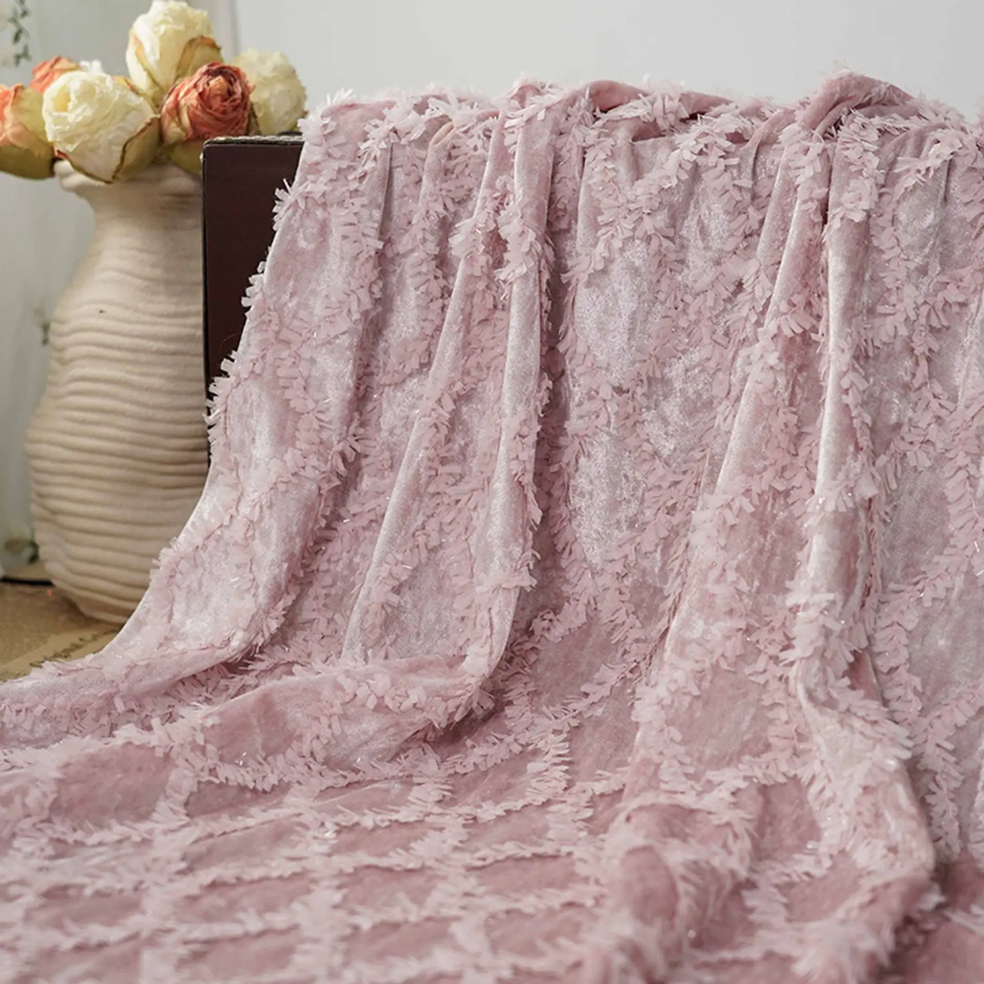 

Romantic 3D Diamond Quilted Embroidered Fabric Stretch Solid Color Velvet Fabric for Clothing Home Decor Designer Fabric