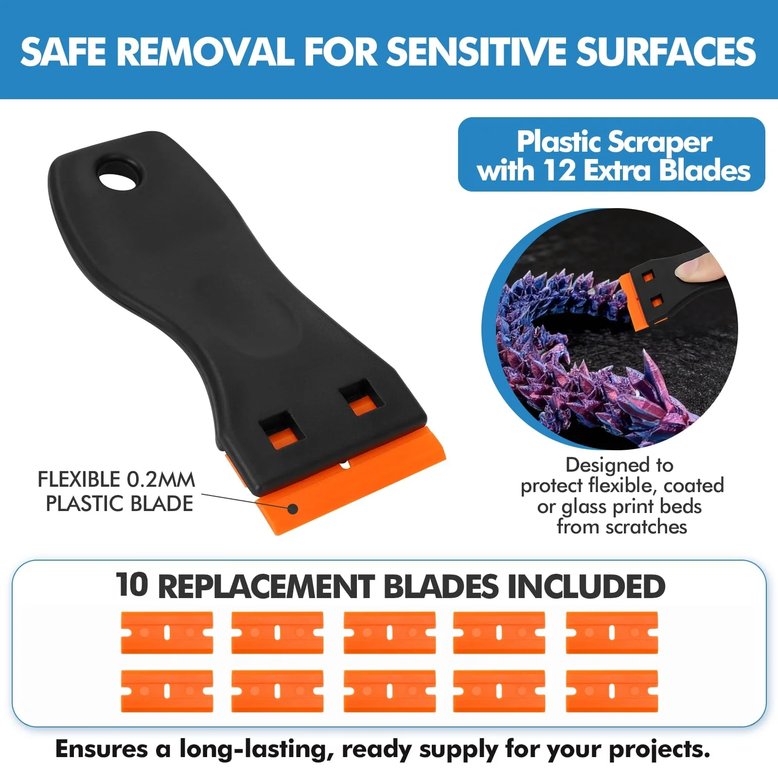 3D Printer Detachable Scraper Tool, for Removal 3D Printed Models and  Waste,with Replacement Plastic Blades