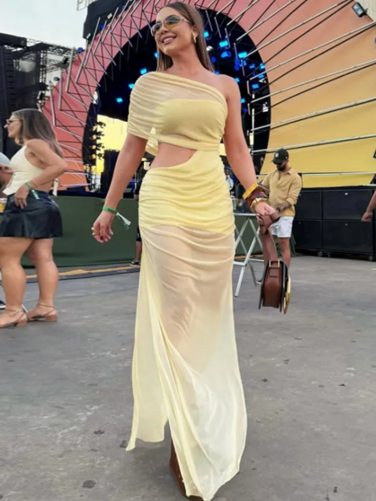 فستان طويل بكتف واحد للنساء صيفي بأكمام قصيرة بدون ظهر وحاشية شبكية منتصف الليل فساتين ماكسي ضيقة للحفلات